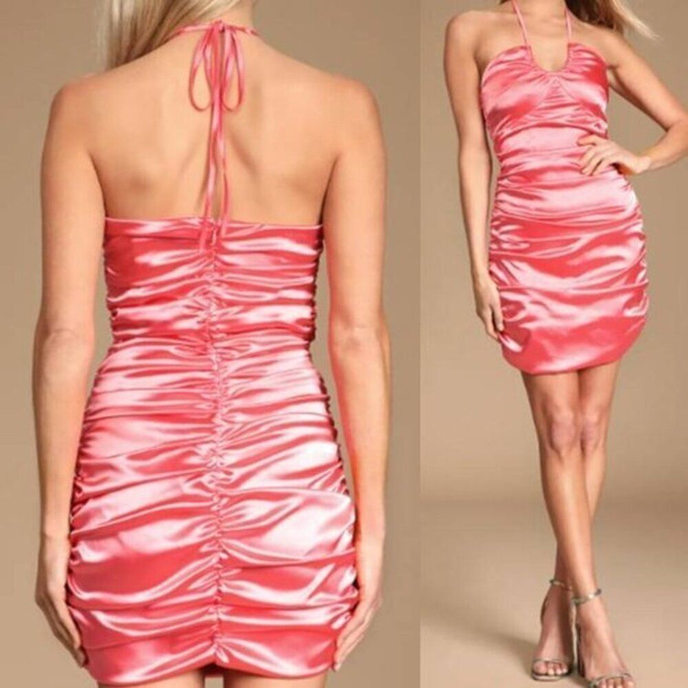Lulus Women's Coral Satin Ruched Halter Bodycon Mini Dress